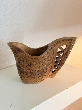 Hand Carved Wood Vase Bowl Tribal Boho Decor Rustic Accent Piece